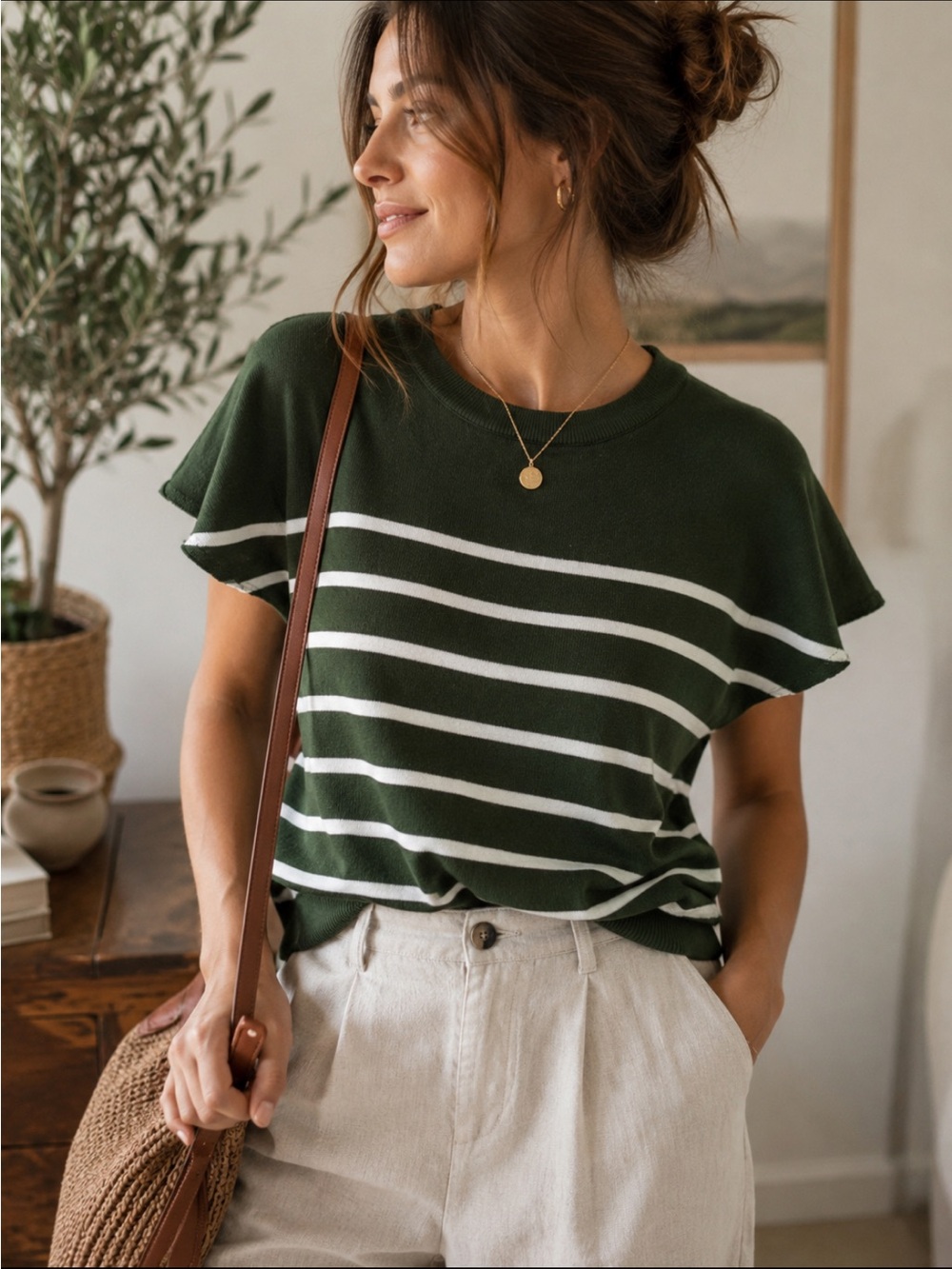 Mirol Forest Green Stripe Flutter Sleeve Knit Top 100% Viscose Women’s S